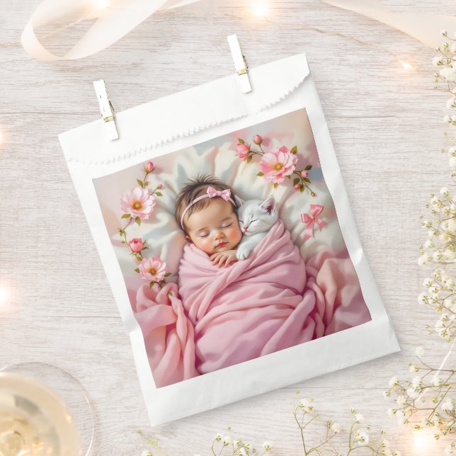 Pink Floral Baby Girl and White Kitten Favour Bag (Clipped)