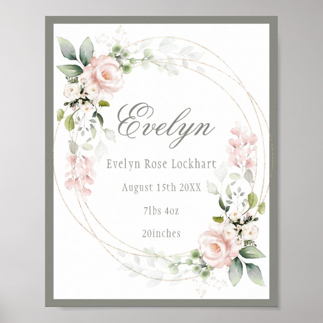 Pink Floral Baby Girl Birth Announcement Sign (Front)