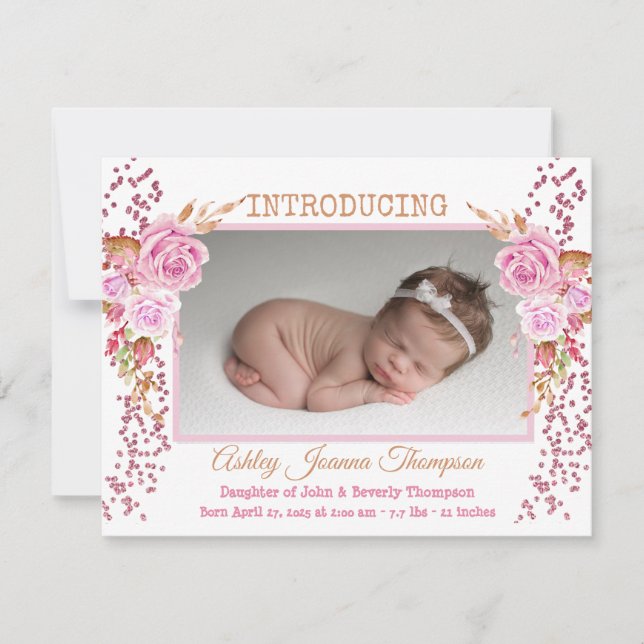 Pink Floral Baby Girl Photo Faire-part de naissanc (Devant)