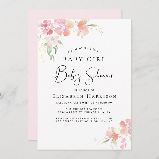 Pink Floral Baby Girl Shower Invitation (Front/Back)