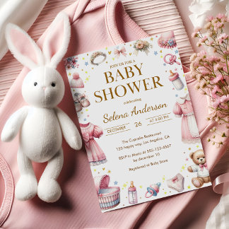 Pink Floral Baby Girl Shower Invitation with Toys 
