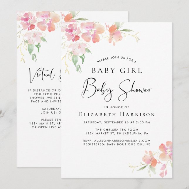 Pink Floral Baby Girl Shower with Virtual Option Invitation (Front/Back)