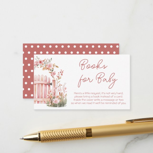 Pink Floral Baby in Bloom Baby Shower Books Enclosure Card (Front/Back In Situ)