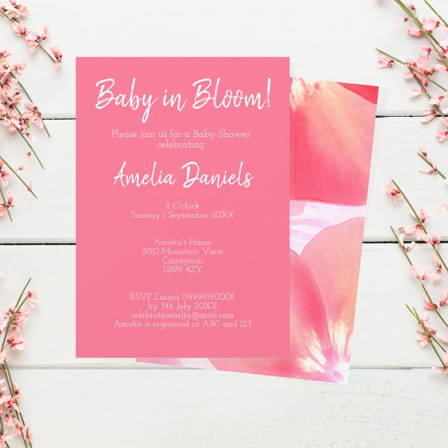 Pink Floral Baby in Bloom  Baby Shower Invitation (Pretty in pink Baby in bloom invitations.)