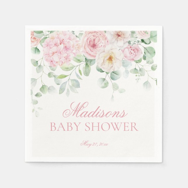 Pink Floral Baby in Bloom Hydrangea Baby Shower Napkin (Front)