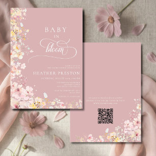Pink Floral Baby In Bloom QR Code Baby Shower Invitation