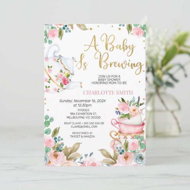 Pink Floral Baby is Brewing Baby Shower Invitation (Standing Front)