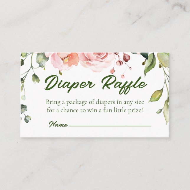 Pink Floral Baby Shower Diaper Raffle Card (Front)