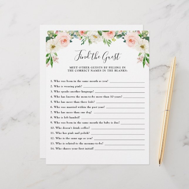 Pink Floral Baby Shower Game Find the Guest (Front/Back In Situ)