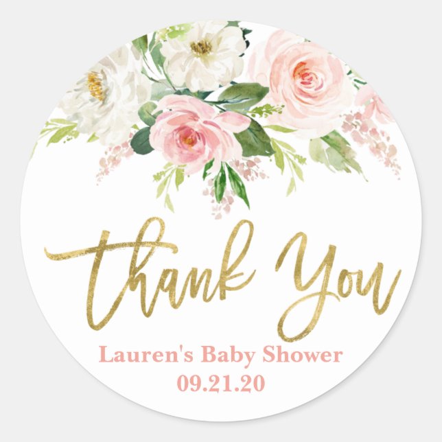 Pink Floral baby shower girl Classic Round Sticker (Front)