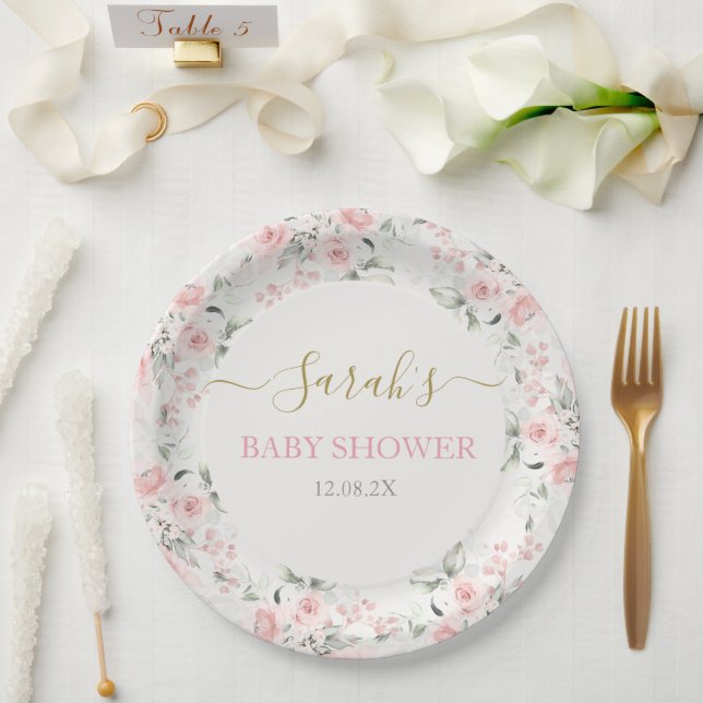 Pink floral Baby Shower Girl Paper Plate (Wedding)