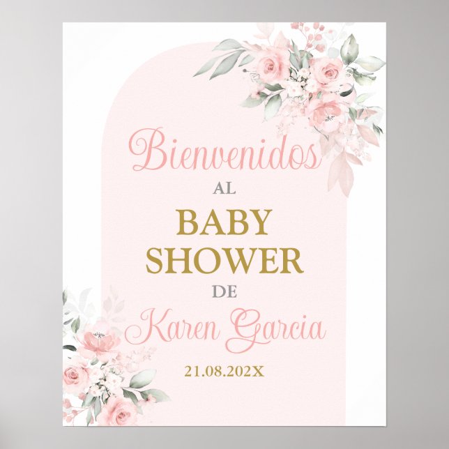 Pink Floral Baby Shower Girl Spanish Welcome Sign (Front)