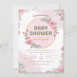 Pink floral baby shower invitation card.