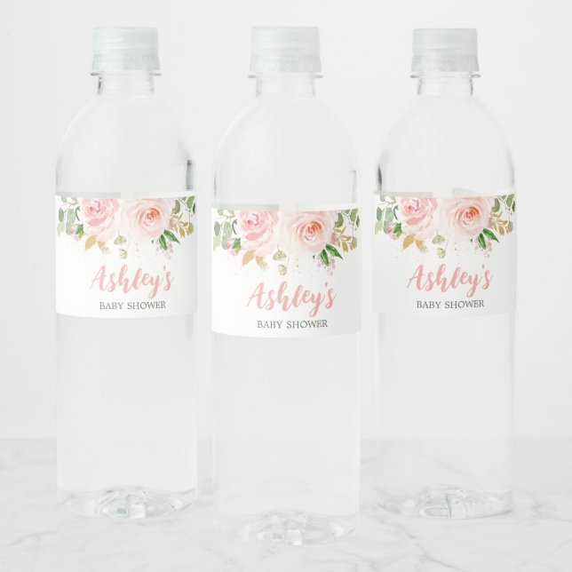Pink Floral Baby Shower  Water Bottle Label (Bottles)