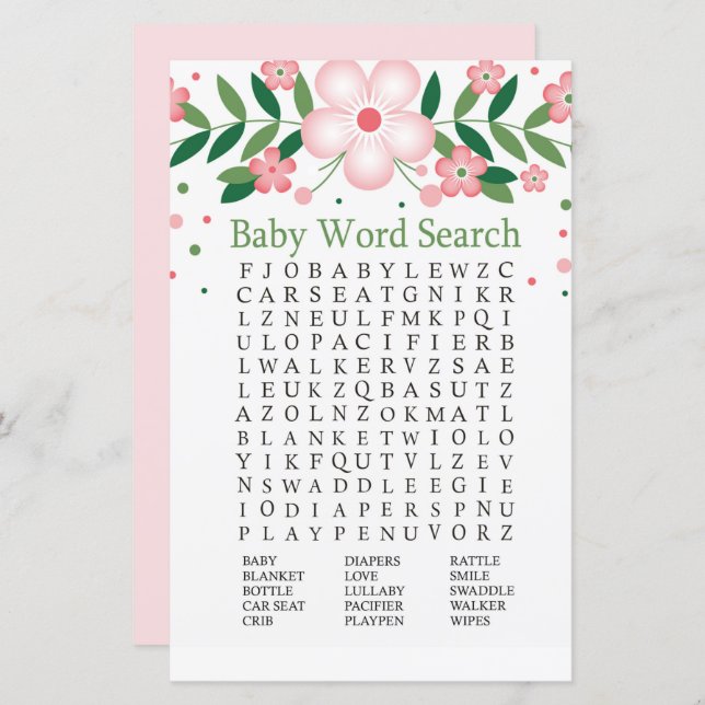 Pink Floral Baby Shower Word Search Game (Front/Back)