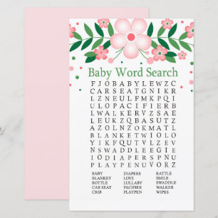 Pink Floral Baby Shower Word Search Game