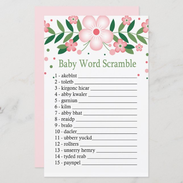 Pink Floral Baby word scramble game (Front/Back)