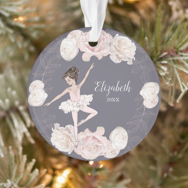Pink Floral Ballerina Brown Hair Girl Personalized Ornament (Tree)