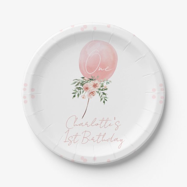 Pink Floral Balloon First Birthday Plate (Front)
