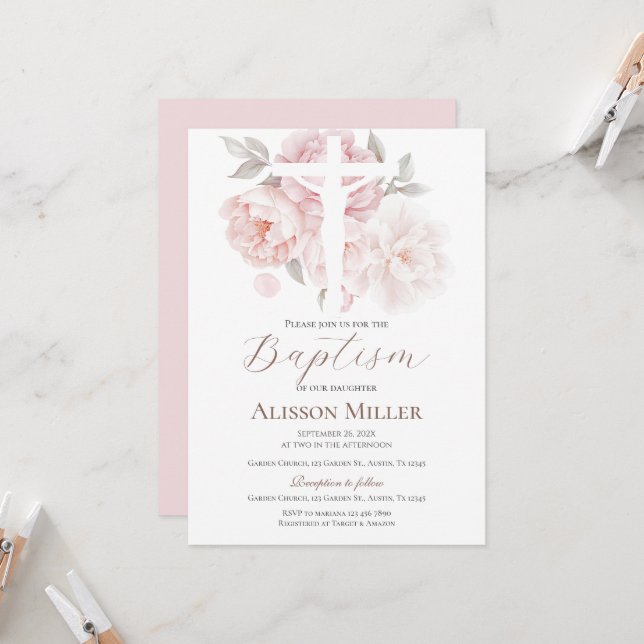 Pink Floral Baptism  Invitation (Front/Back In Situ)