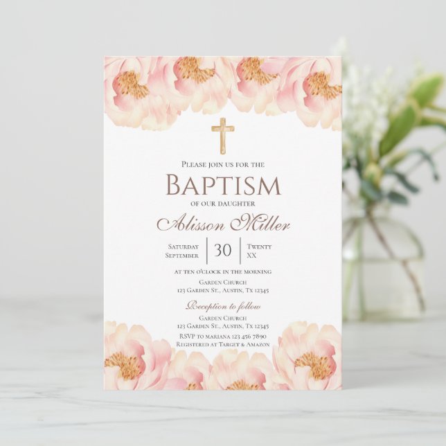 Pink Floral Baptism  Invitation (Standing Front)