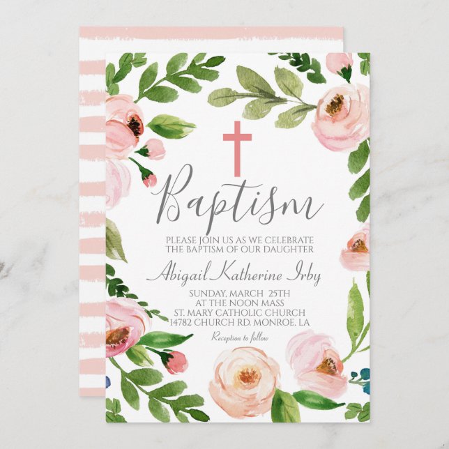 Pink Floral Baptism Invitation (Front/Back)