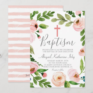 Pink Floral Baptism Invitation