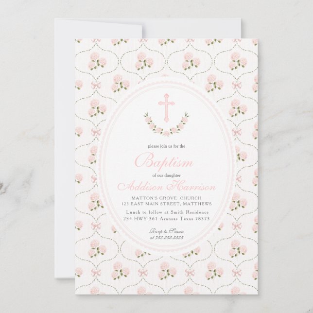 Pink floral Baptism Invitation, Girl Baptism,  Invitation (Front)