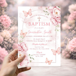 Pink Floral Baptism Invitation with Butterflies