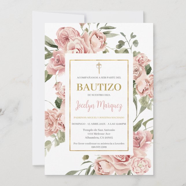 Pink Floral Baptism invite in Spanish (Front)