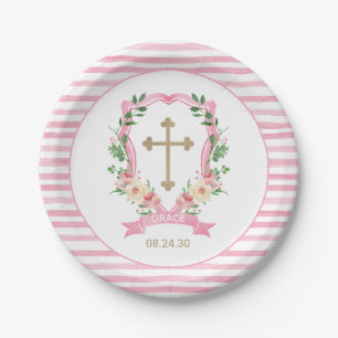 Pink Floral Baptism Paper Plate