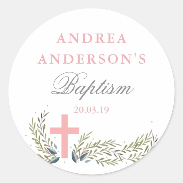 Pink Floral Baptism Sticker Tags (Front)