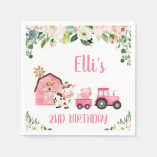 Pink Floral Barn Tractor Farm Birthday Paper Napkin