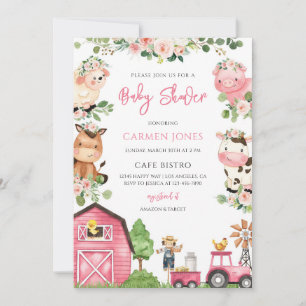 Pink Floral Barnyard Baby Shower Invitation
