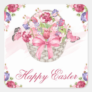 Pink Floral Basket and Butterflies Happy Easter Square Sticker