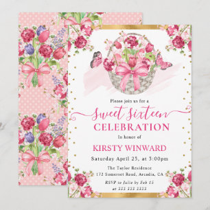 Pink Floral Basket and Butterflies Sweet Sixteen Invitation