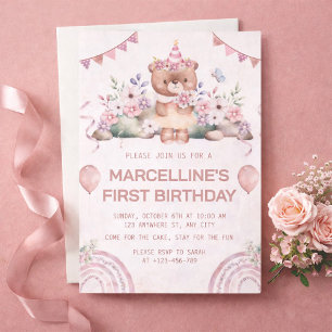 Pink Floral Bear 1st Birthday Party Invitation