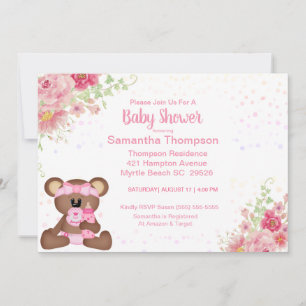 Pink Floral Bear Baby Shower Invitation