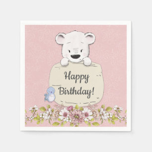 Pink Floral Bear Birthday Napkin