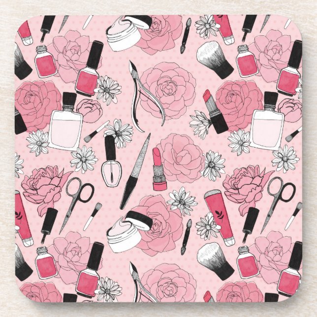 Pink Floral Beauty Products Pattern Coaster (Front)