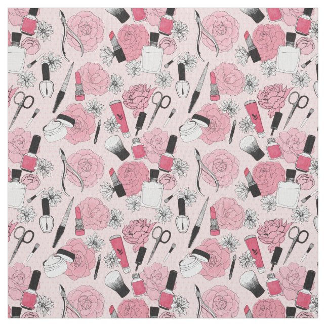 Pink Floral Beauty Products Pattern Fabric (Swatch)