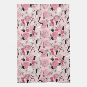 Pink Floral Beauty Products Pattern Kitchen Towel