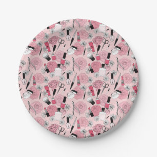 Pink Floral Beauty Products Pattern Paper Plate