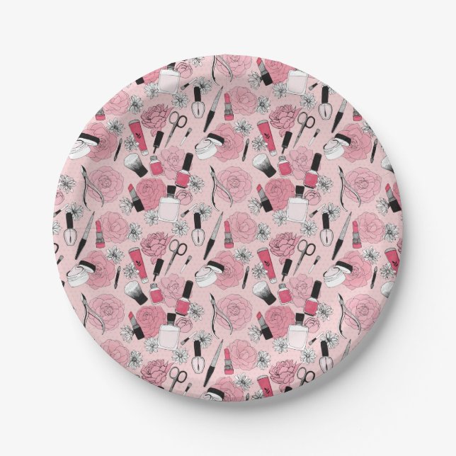 Pink Floral Beauty Products Pattern Paper Plate (Front)