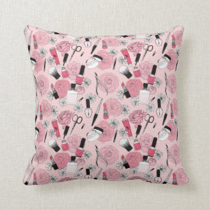 Pink Floral Beauty Products Pattern Throw Pillow