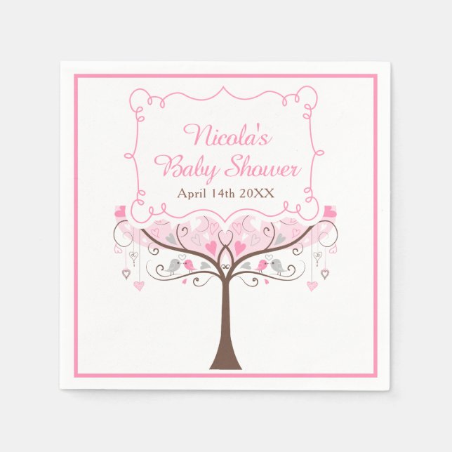 Pink Floral Bird Baby Shower Napkin (Front)