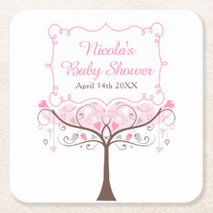 Pink Floral Bird Baby Shower  Square Paper Coaster