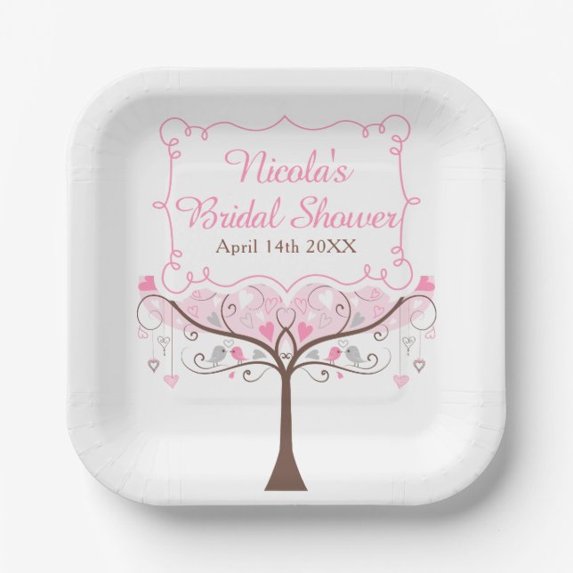 Pink Floral Bird Bridal Shower  Paper Plate (Front)
