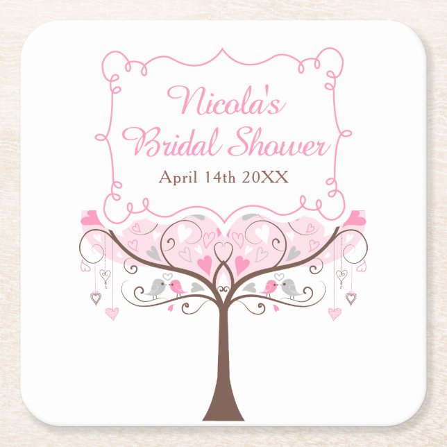 Pink Floral Bird Bridal Shower  Square Paper Coaster (Front)