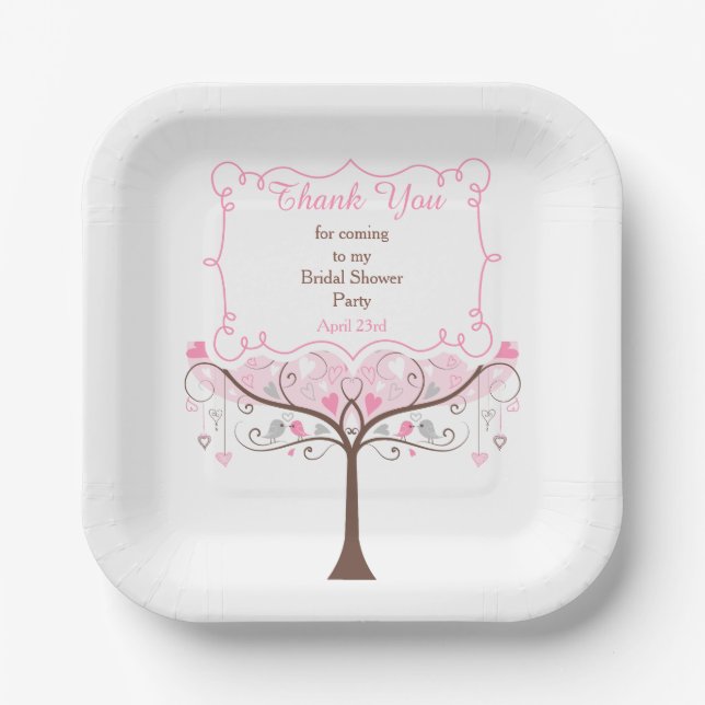Pink Floral Bird Bridal Shower Thank You Paper Plate (Front)